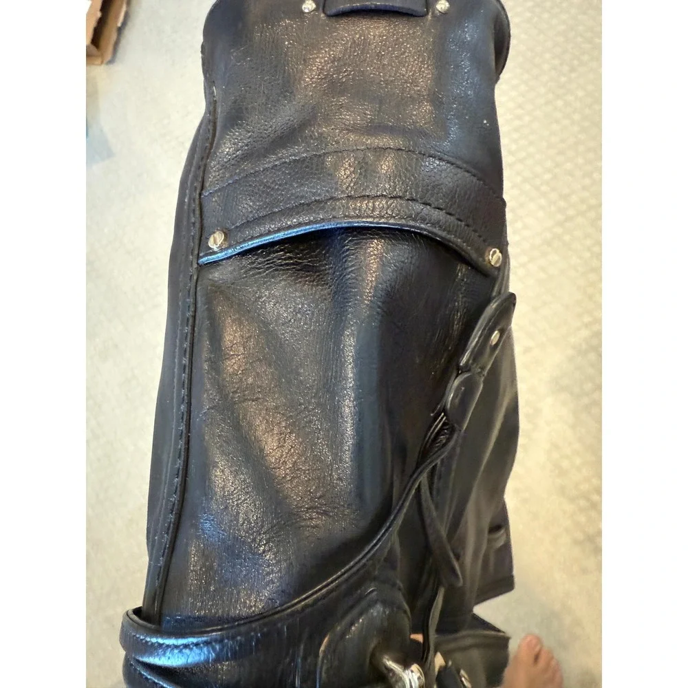 Cole Haan Black‎ Leather Hobo Shoulder Bag Drawstring Buckle Accents Gold